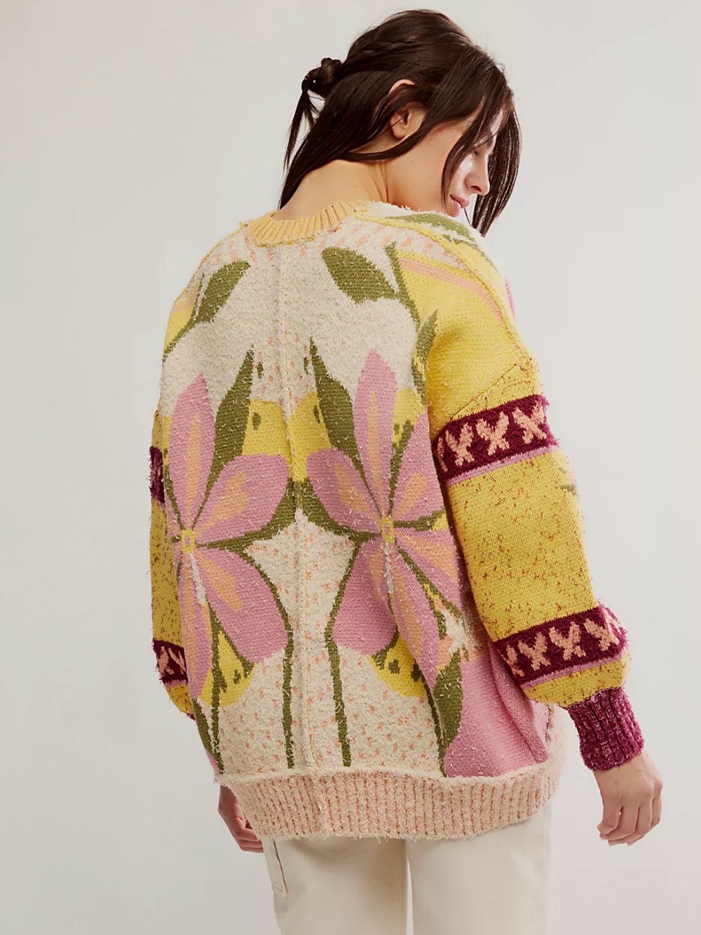 Free People Floral Patchwork Bouclé Cardigan - Pink, Yellow, Olive, Berry